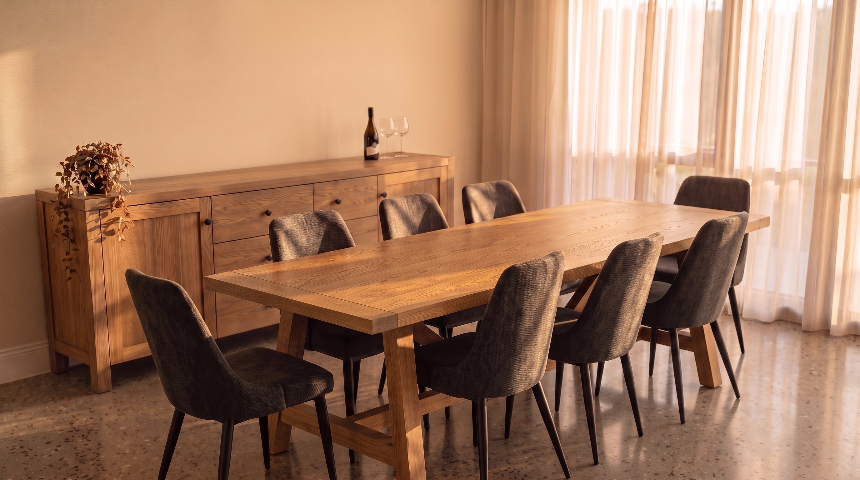 McPhails timber dining table and upholstered chairs